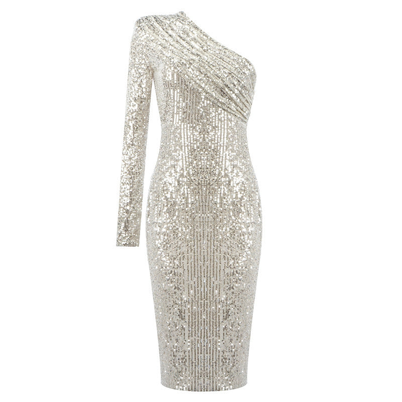 Robe asymétrique épaule dénudée, col Oblique, poitrine enveloppée, robe de soirée, mode paillettes, boîte de nuit, Sexy