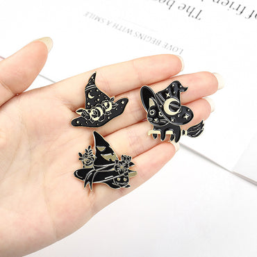 Broche chat magique noir Punk, chapeau de magicien d'halloween, tache