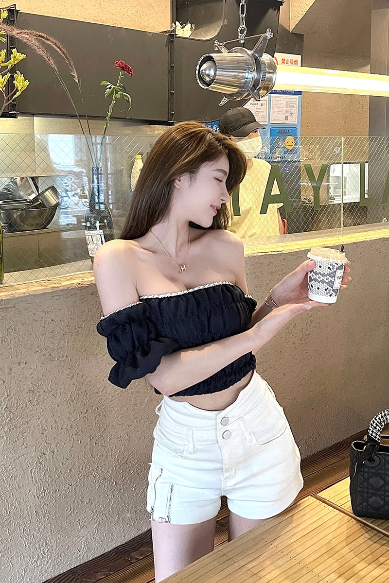 Xiyao Tibetansk blå vit kortärmad T-shirt dam sommar ny pure desire style design sense en axel kort väst topp