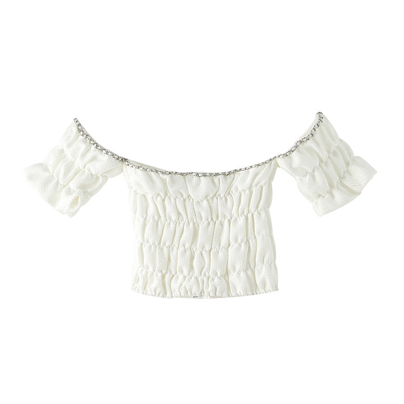 Xiyao Tibetansk blå vit kortärmad T-shirt dam sommar ny pure desire style design sense en axel kort väst topp