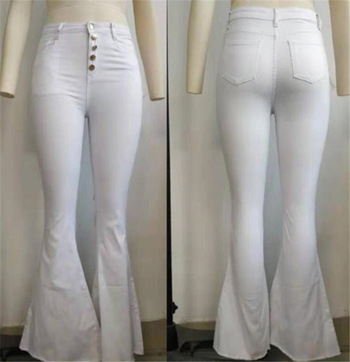 Knäppade byxor med hög midja Kvinnor Solid Slim Fit White Flare Byxor Sommar Elegant Workwear Patalon Femme