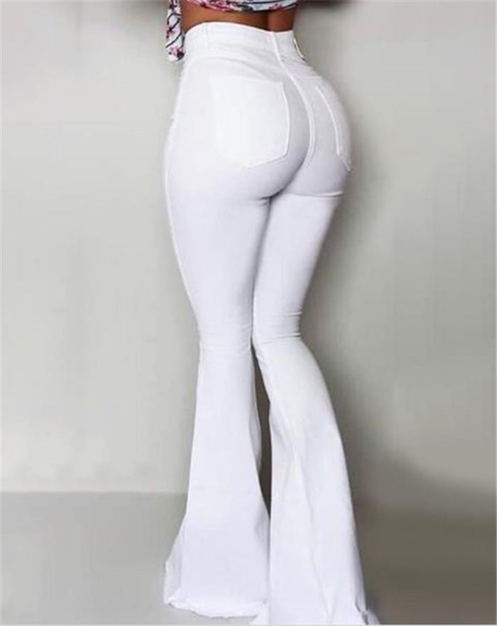 Knäppade byxor med hög midja Kvinnor Solid Slim Fit White Flare Byxor Sommar Elegant Workwear Patalon Femme