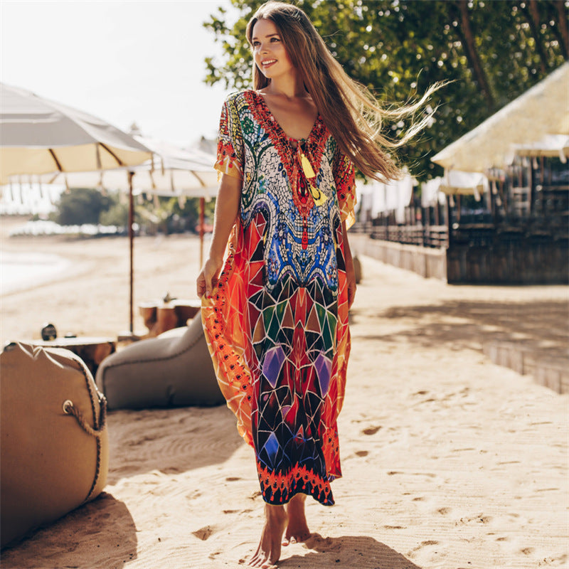 Cotton Beach Cover up Print Baddräkt cover up Badkläder Dam Sommarklänning Kaftan Robe de Plage Saida de Praia Tunika Pareo