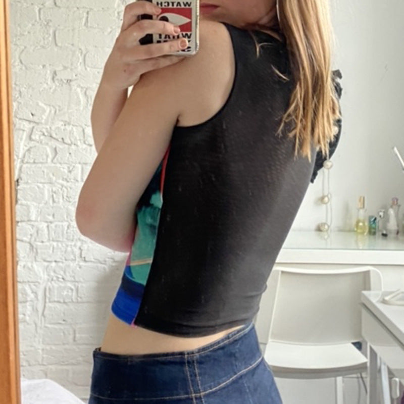 Retro Painting Print Tank Top Vintage Mesh Tops Women