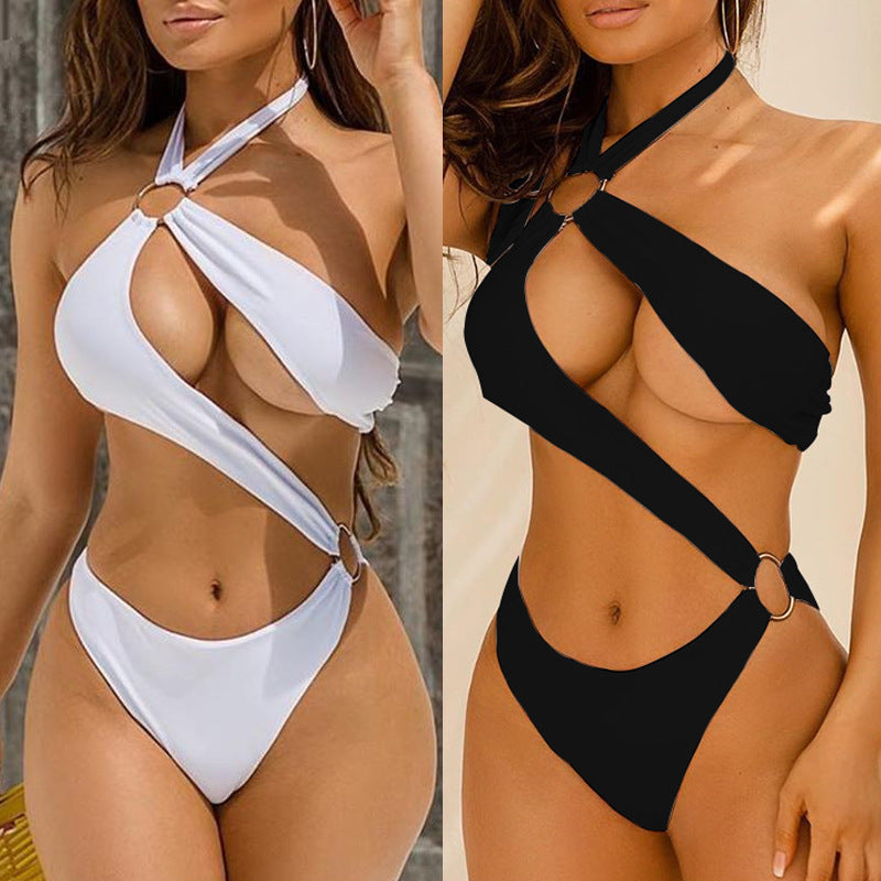 Professional New Sexy One-Piece Three-Color Hollow Metal Ring Strap Bikini Swimsuit - UV-Protective Fabric (Flattering Cut, Vibrant Design, Elegant Details)
