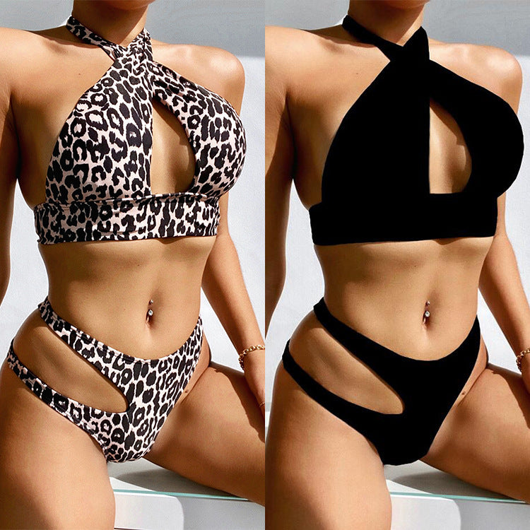 Sexig leopardmönstrad ihålig bandagebikini