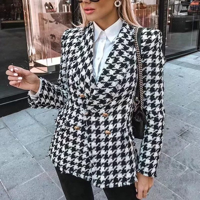 Veste pied-de-poule femme automne rétro veste à carreaux épais