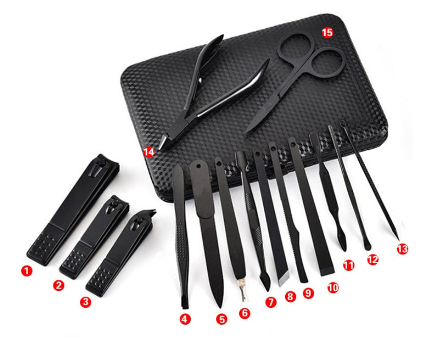 Black Stainless Steel Manicure Set - 15-Piece Professional Tool Kit | High-End Household
