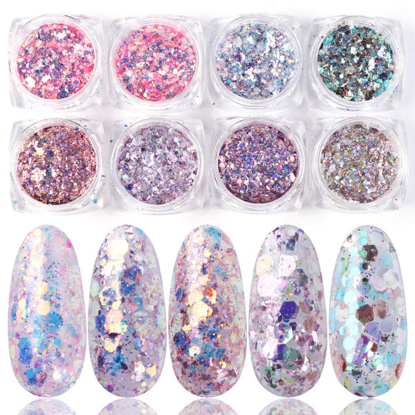 Holographic Glitter Powder Set - 8 Box Hexagon Iridescent | 100% Brand New Sugar Color