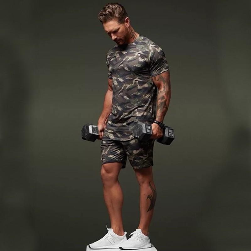 Tvådelad kortärmad kostym Fitness Fritid Kamouflage Sportkläder