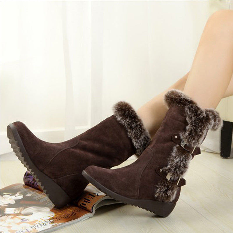 Brun Ny vinter Kvinnor Casual Varm Päls Mid-Valves Boots Skor Dam Slip-On Runda Tå Flats Snow Boots Skor