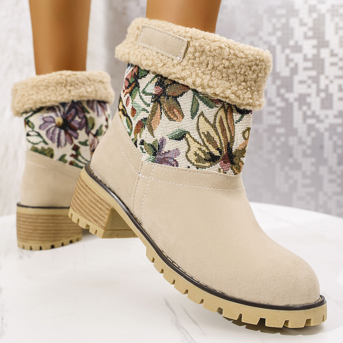 Women's Flower Embroidered Snow Boots - Ethnic Platform Square Heel