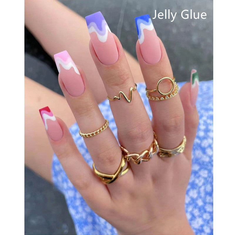 Multicolored Wave Pattern Ballerina Nails - GG20013 Design | Extra Long Frosted 24 Pieces