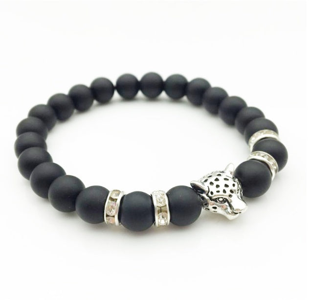 8mm Natursten Lavasten Pärlarmband För Män Leopardhuvud Leopardhänge Charm Armband Handgjorda Smycken