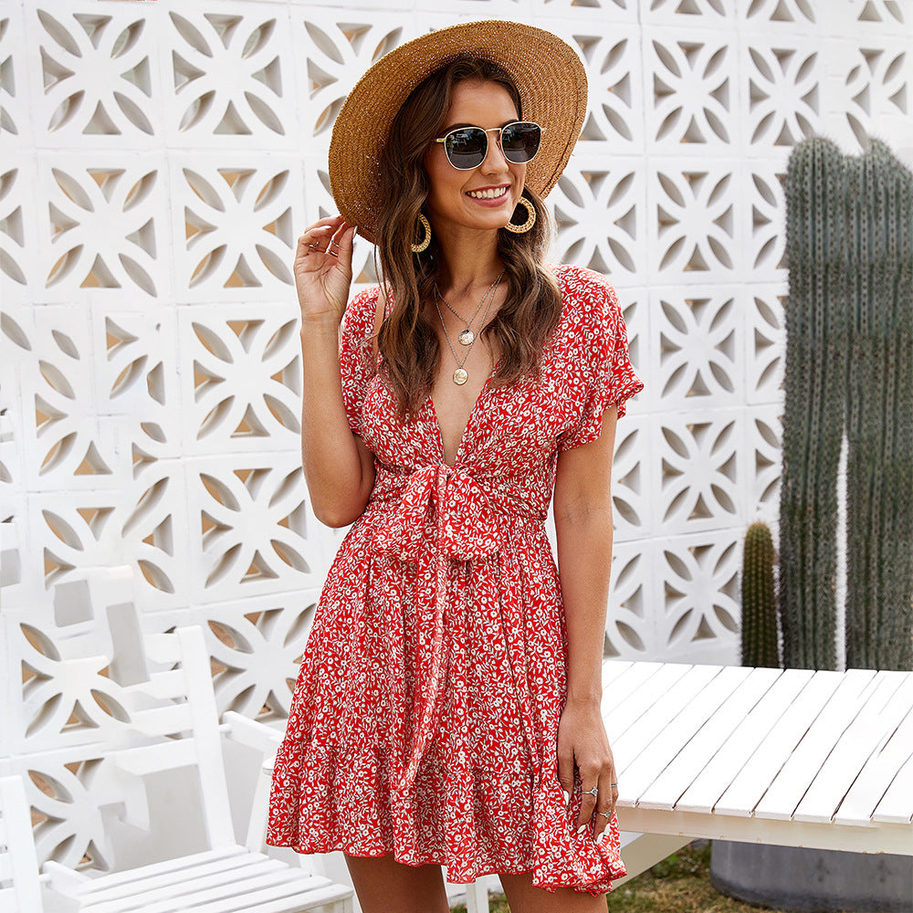 Deep V Ruffled Floral Spring vêtements pour kvinnor européens et américains pour kvinnor