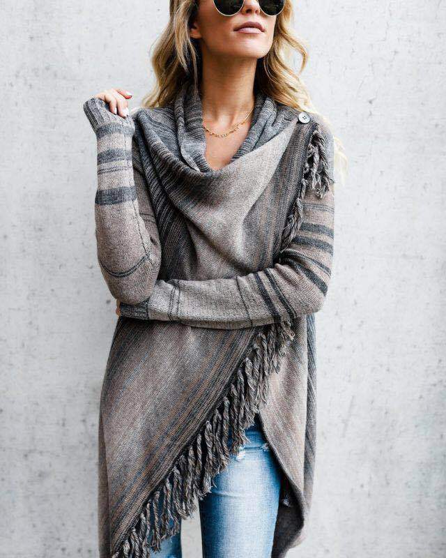 Mid-Length Slim Fashion Tassel Striped Jacket Sweaters