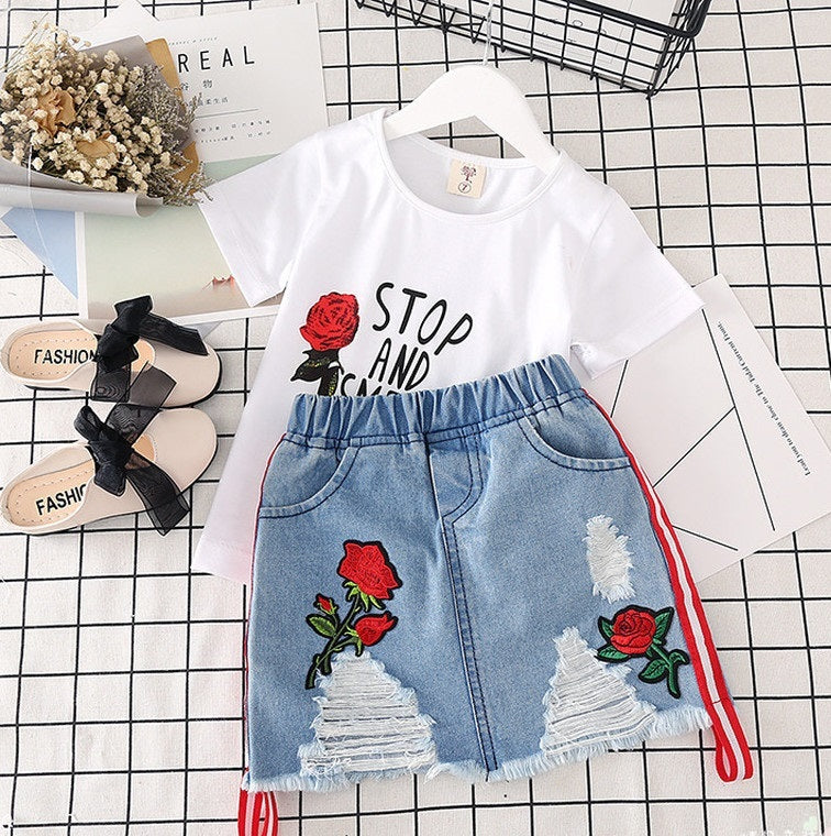 Vêtements pour enfants T-shirt blanc Jupe en jean 2pcs Costumes pour filles
