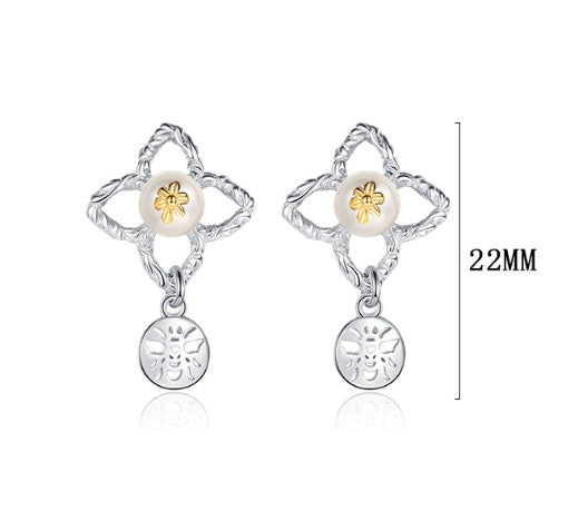 Bee Flower Temperament 925 Silver Pearl Earrings