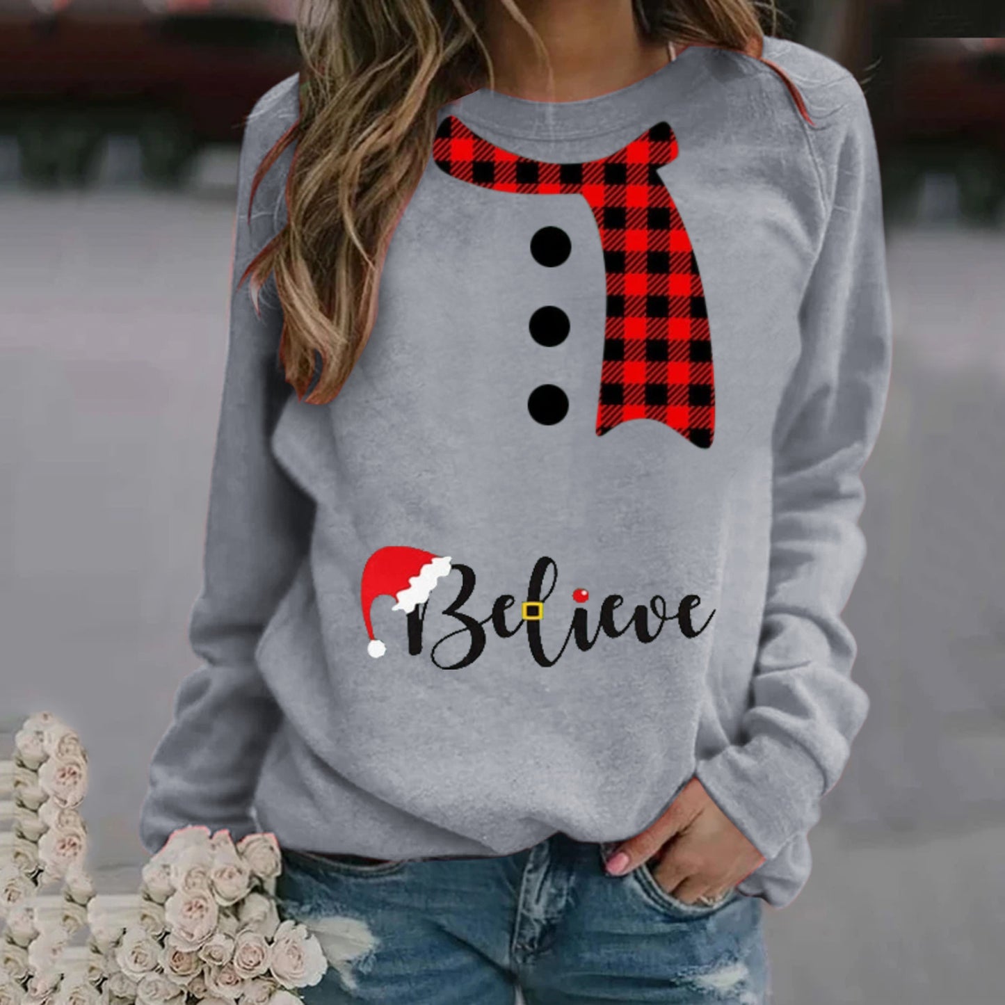 Christmas Pattern Printing Long Sleeve Crew Neck Sweater