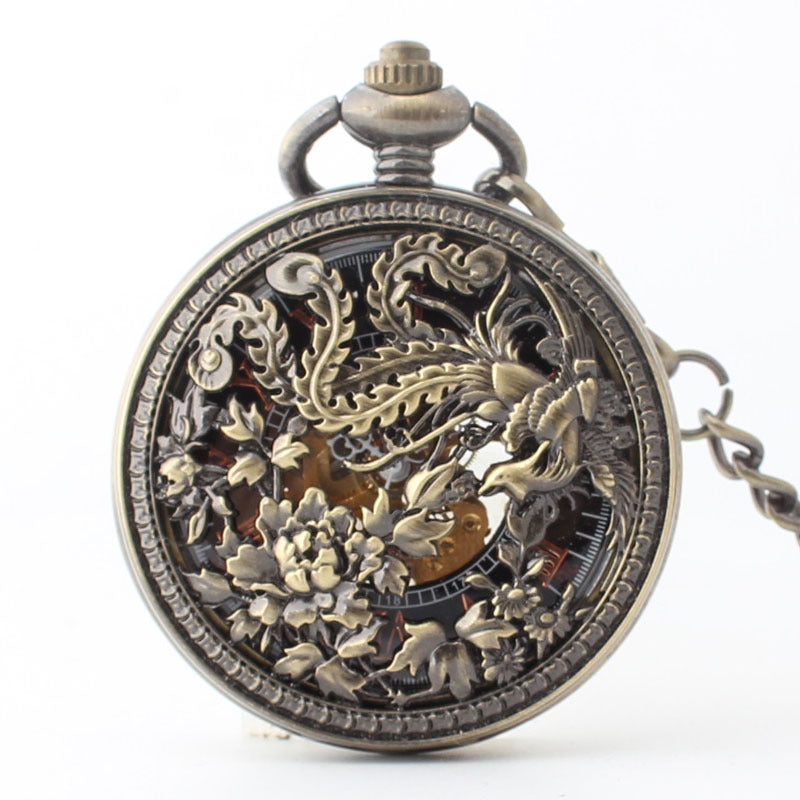 Fashion Hollowed-out Carved Phoenix Pattern Automatic Mechanical Large Pocket Watch - Traditional Modern Intricate Graceful Powerful Statement