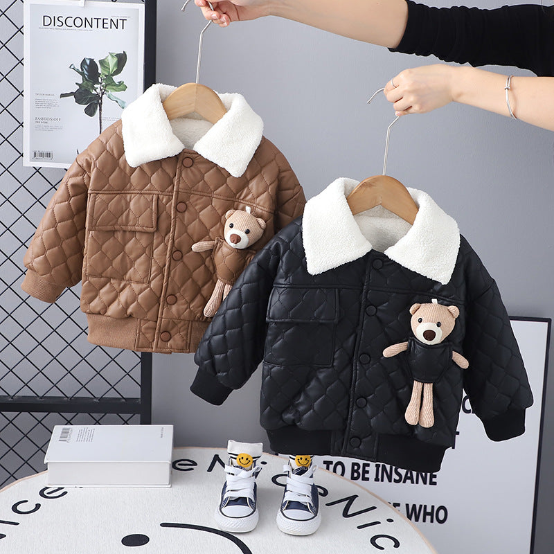 Manteau en cuir épais à revers pour garçon, veste à manches longues