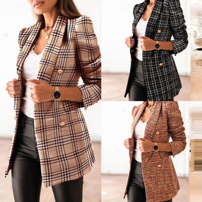 Manteau à col blazer croisé imprimé à manches longues et à la mode du printemps