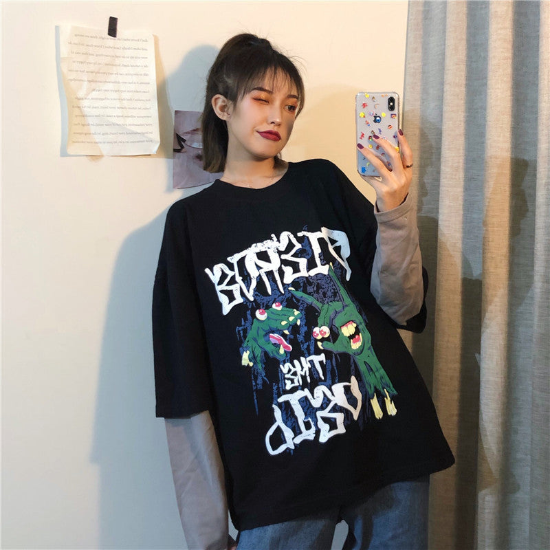 Spring Sports Fake Two-Piece Hedging Cartoon T-Shirt - Loose Fit for Women