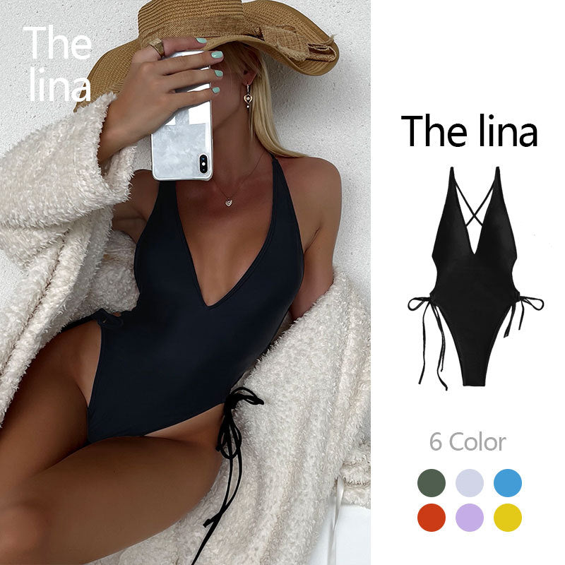 Deep V Beach Bikini Snörningsbaddräkt i ett stycke för kvinnor