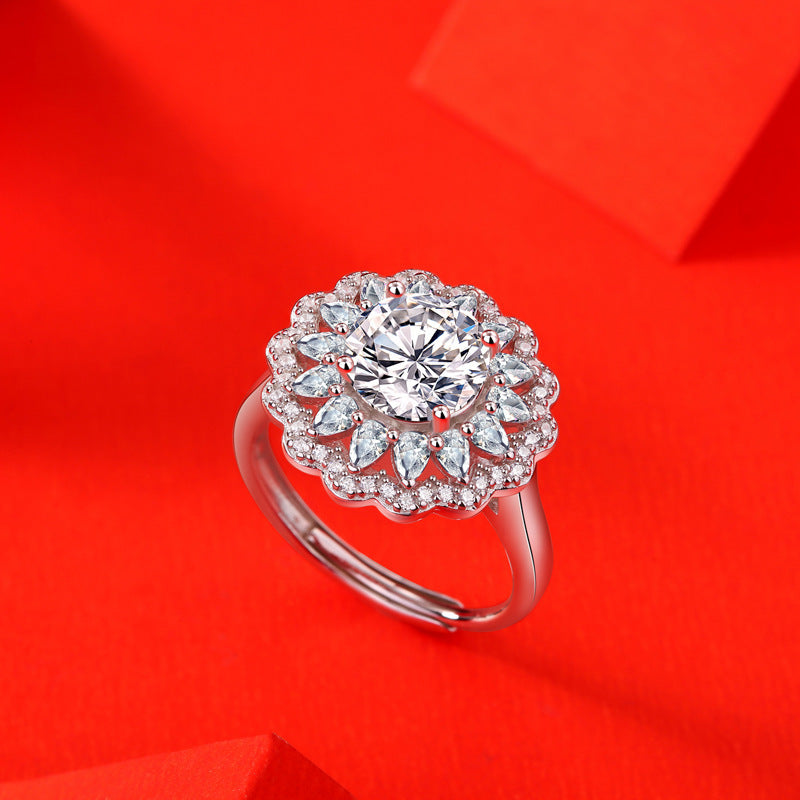 S925 Silver Moissanite Ring Blommor Kvinna Ny Trendig Ring Justerbar Källring I lager Generation