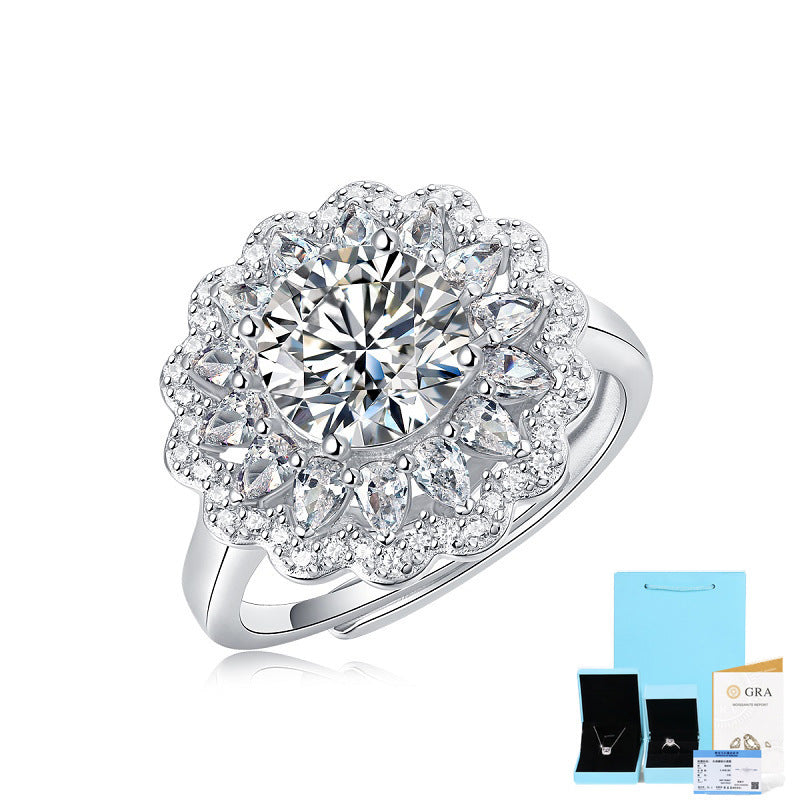 S925 Silver Moissanite Ring Blommor Kvinna Ny Trendig Ring Justerbar Källring I lager Generation