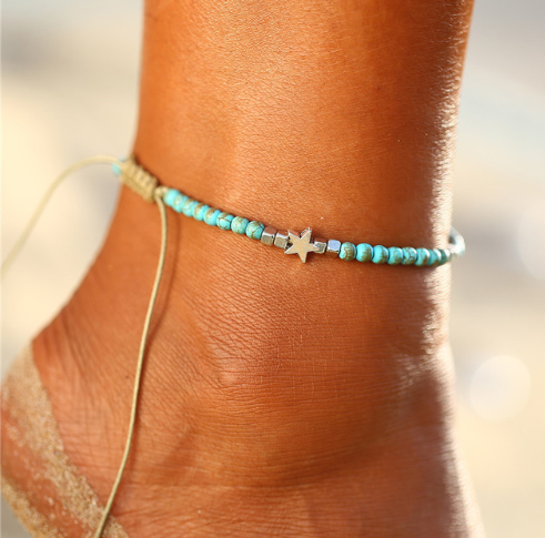 AY Bohemian Crystal Beads Anklet Set För Kvinnor Moon Pendant Armband på benet Ankelrem Girl Sommar Anklet Foot Smycken