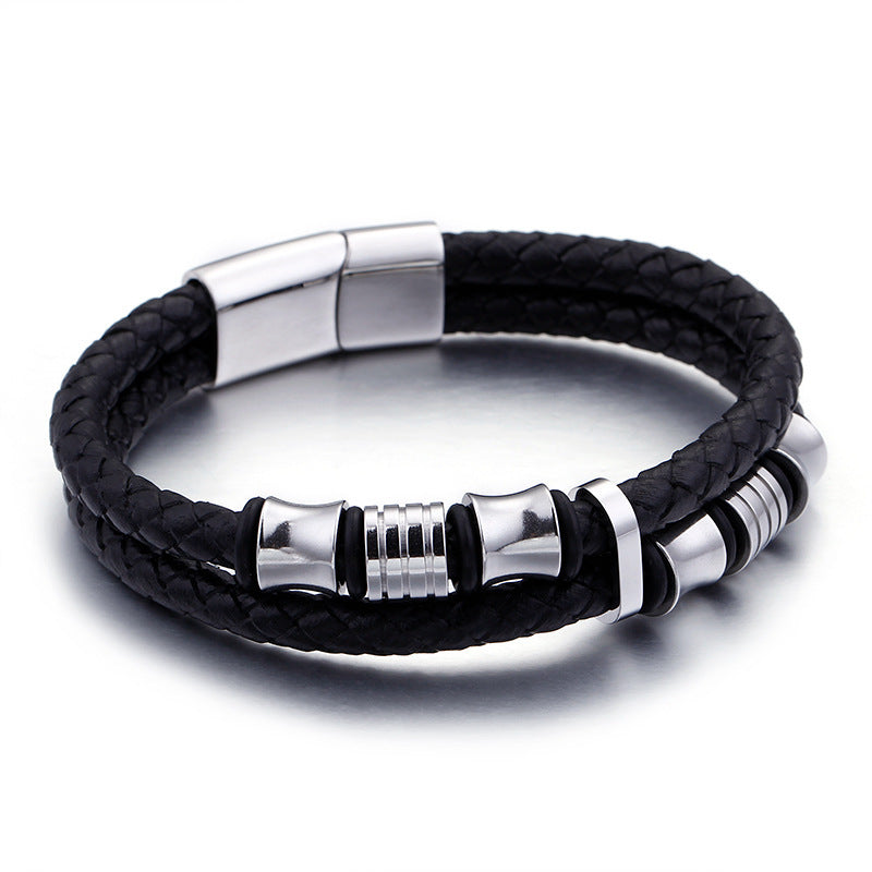 Guldfärgat rostfritt stål läderarmband herr svart herr läder wrap armband smycken armband med magnetlås