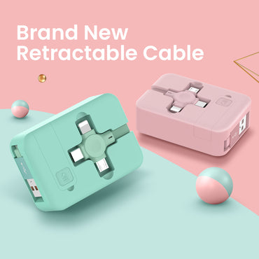 Câble USB rétractable 4 en 1, Micro câble créatif Macaron Type C pour téléphone avec support de téléphone, boîte de rangement de ligne de câble de données de chargement