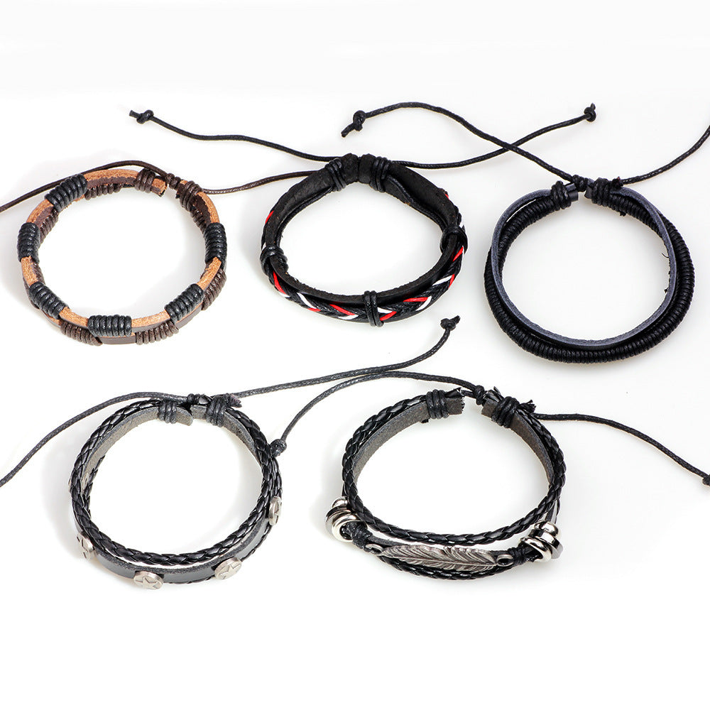 flerskiktad ark vintage läderarmband av män av mode hantverk stjärnrep tvinnat Wrap Armband & armband