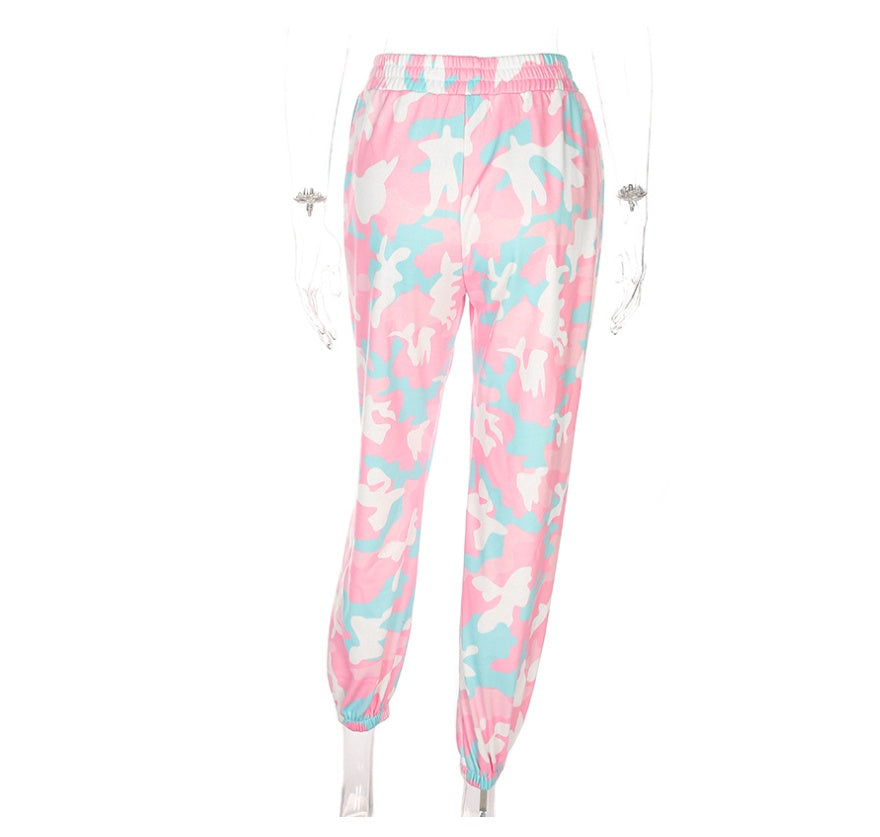 NCLAGEN 2021 Nya kvinnor rosa camouflage Skriv ut byxor Loose Harem Camo byxor Spring High Midja Casual Joggers Elastisk S Vetbyxor