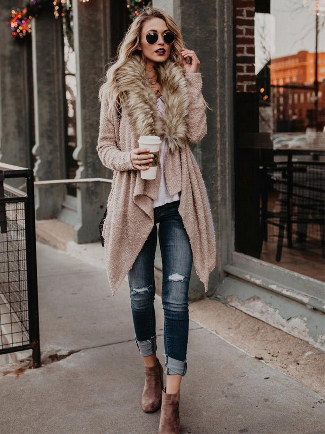 Trench-coat en peluche cardigan à col en fourrure
