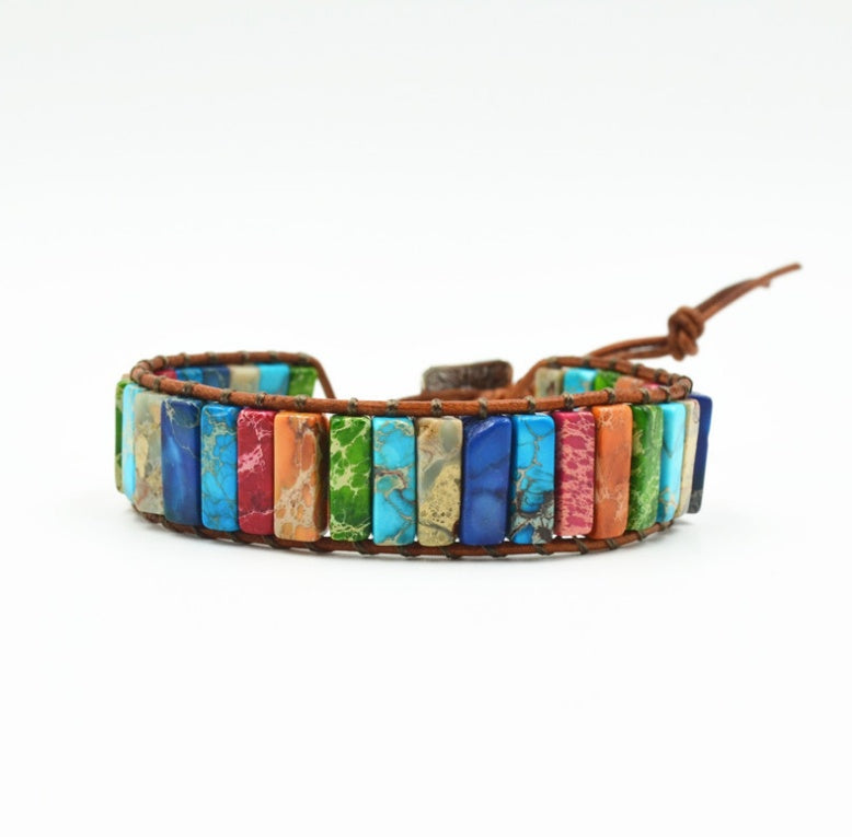 Colored Imperial Stone Handwoven Single Layer Leather Band Creative Ethnic Style Simple Band