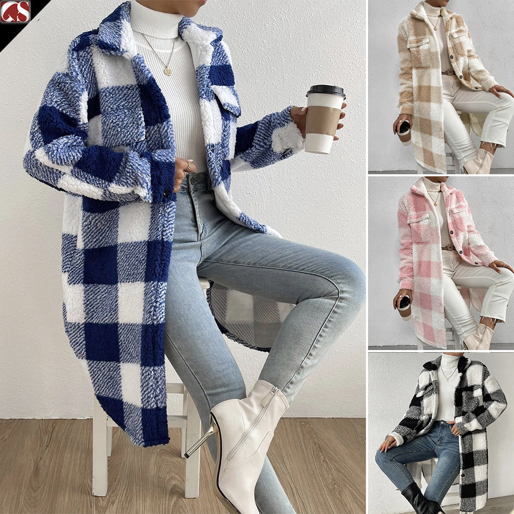 Manteau à carreaux en peluche à revers boutonné, ample