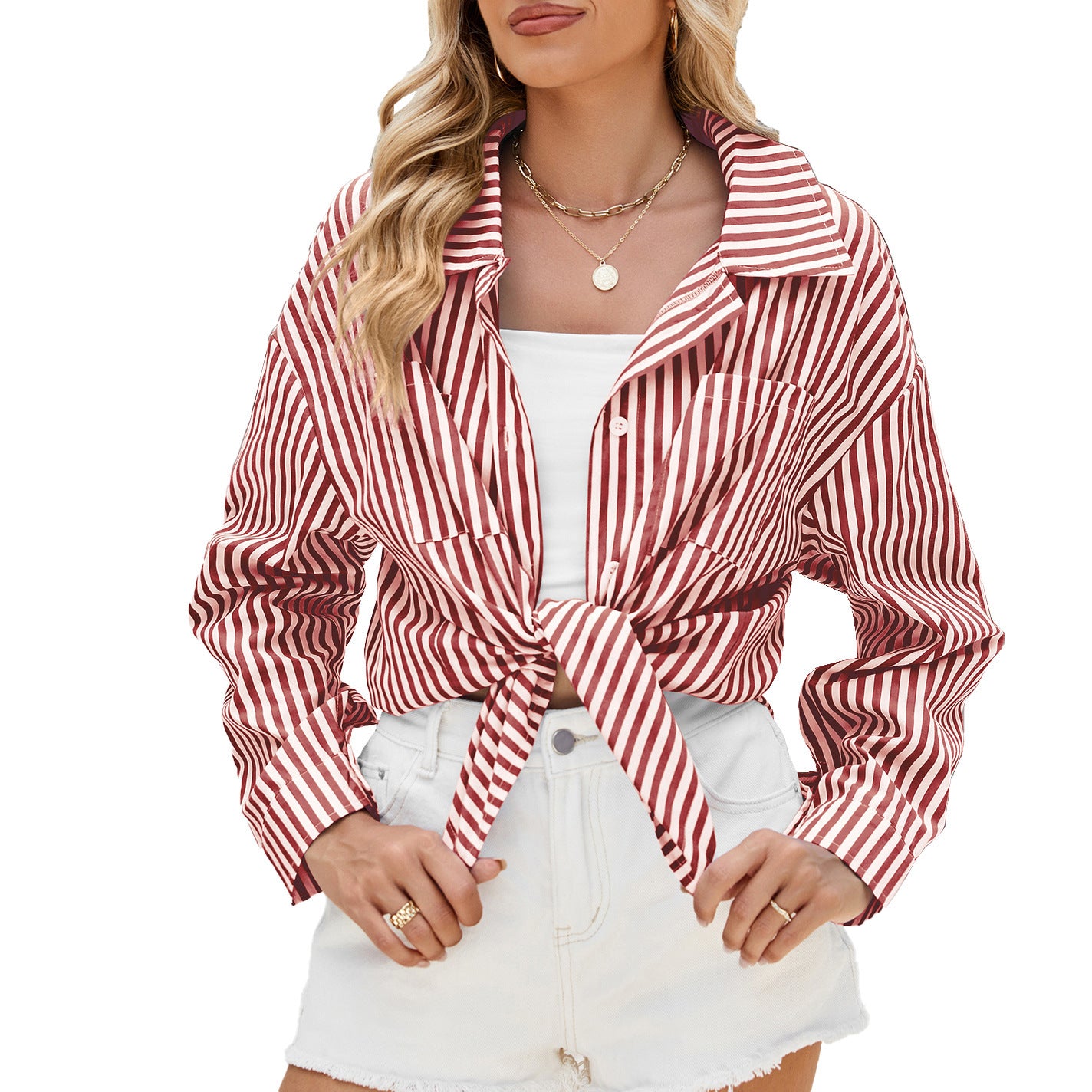 Striped Long Sleeve Shirt with Pockets - Casual Loose Fit