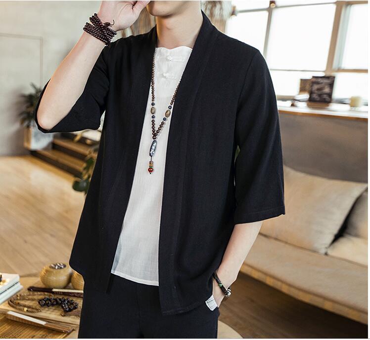 Sommaren mäns kinésiska style bomull och linne fast färg Hanfu sju punkts slem koftan skjorta hommes mode tendance merde rt