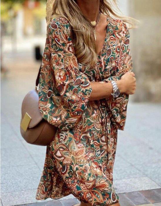 New Printed Long Sleeve A-Line Boho Dress