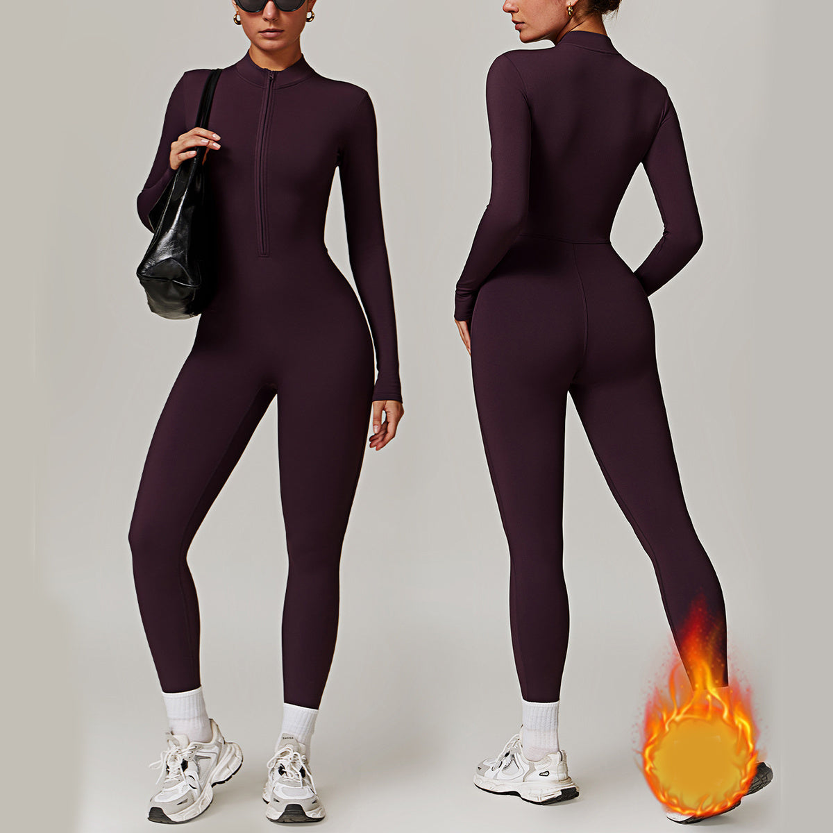 Varm dragkedja långärmad jumpsuit yoga fitness sportbyxor andningsbar bodysuit damkläder