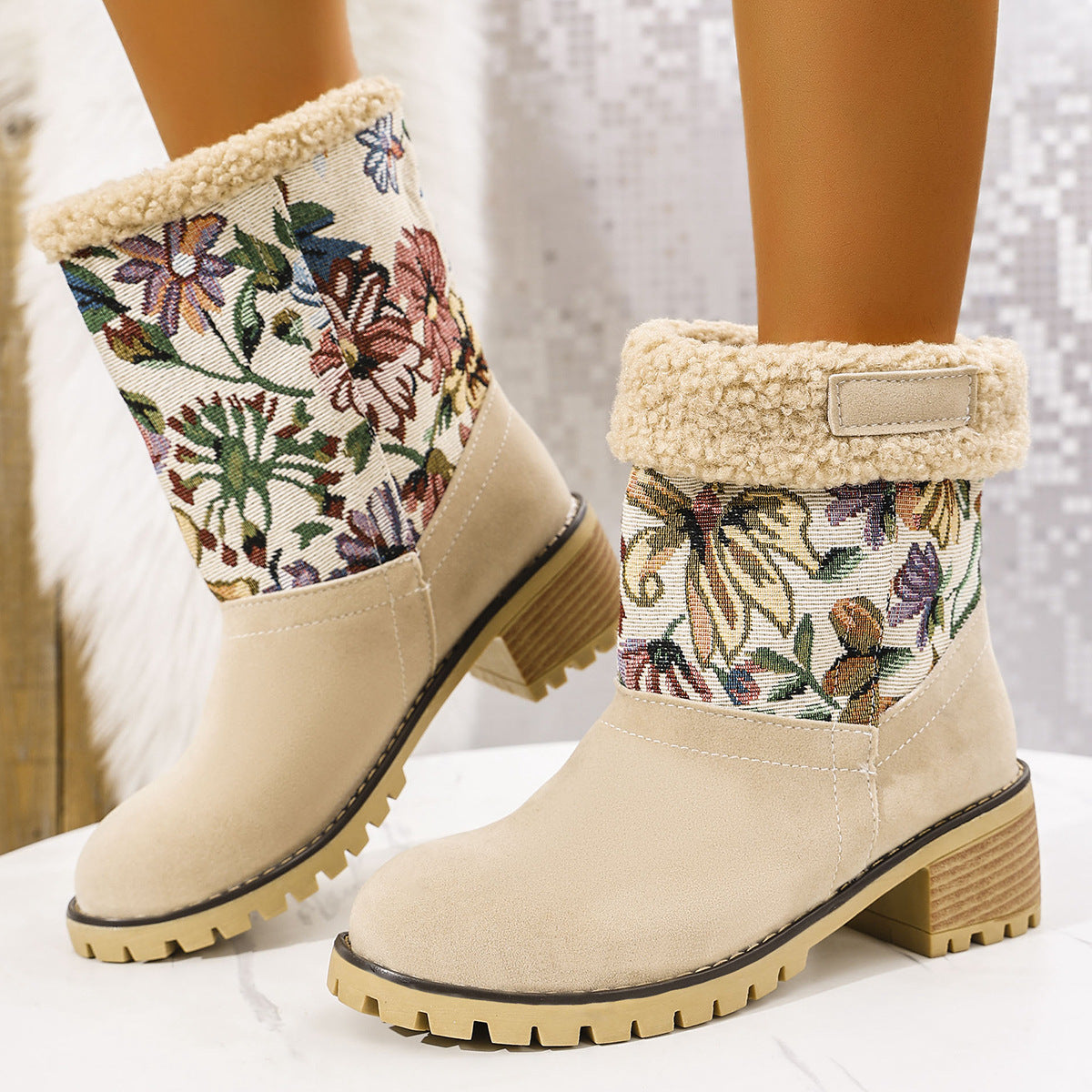 Women's Flower Embroidered Snow Boots - Ethnic Platform Square Heel