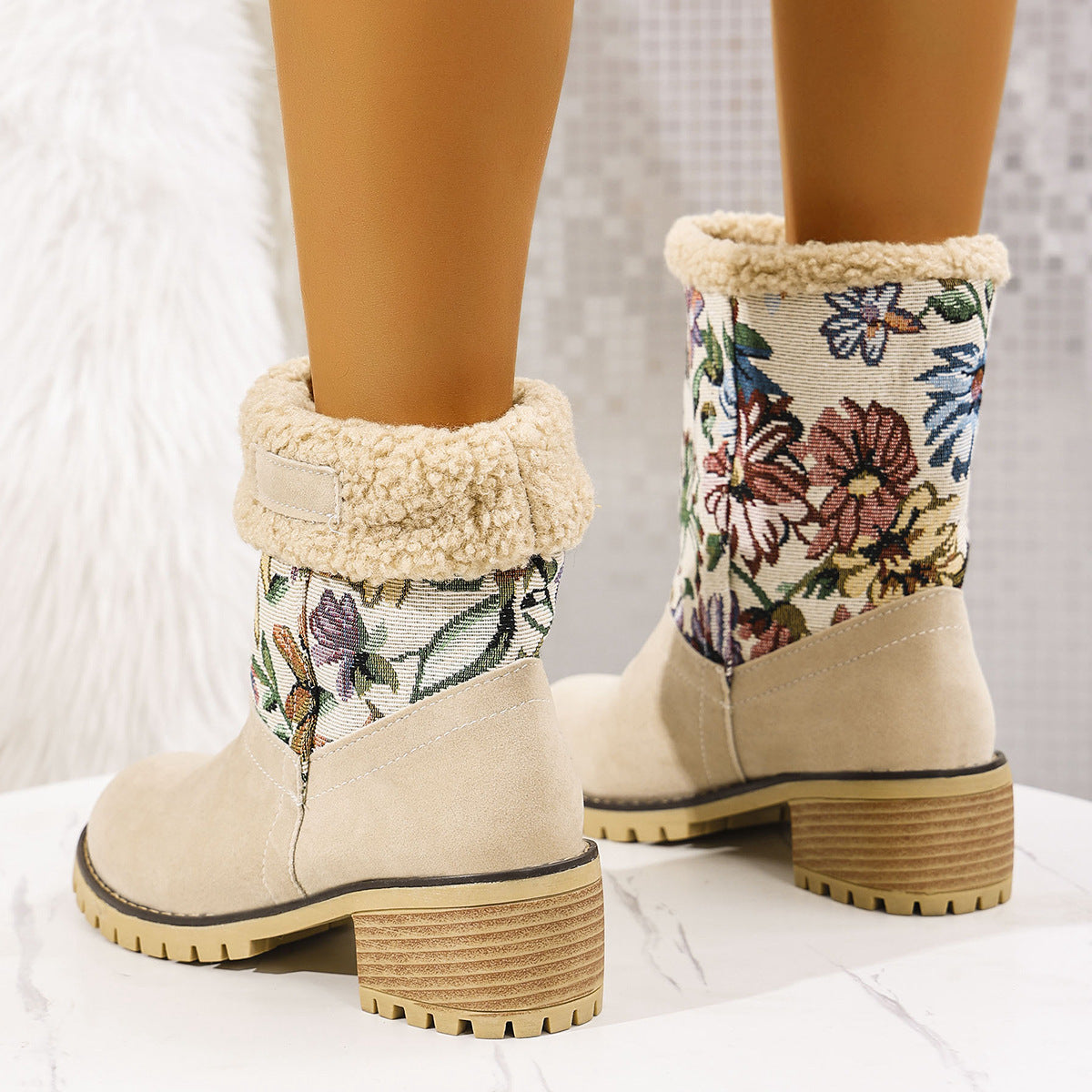 Women's Flower Embroidered Snow Boots - Ethnic Platform Square Heel