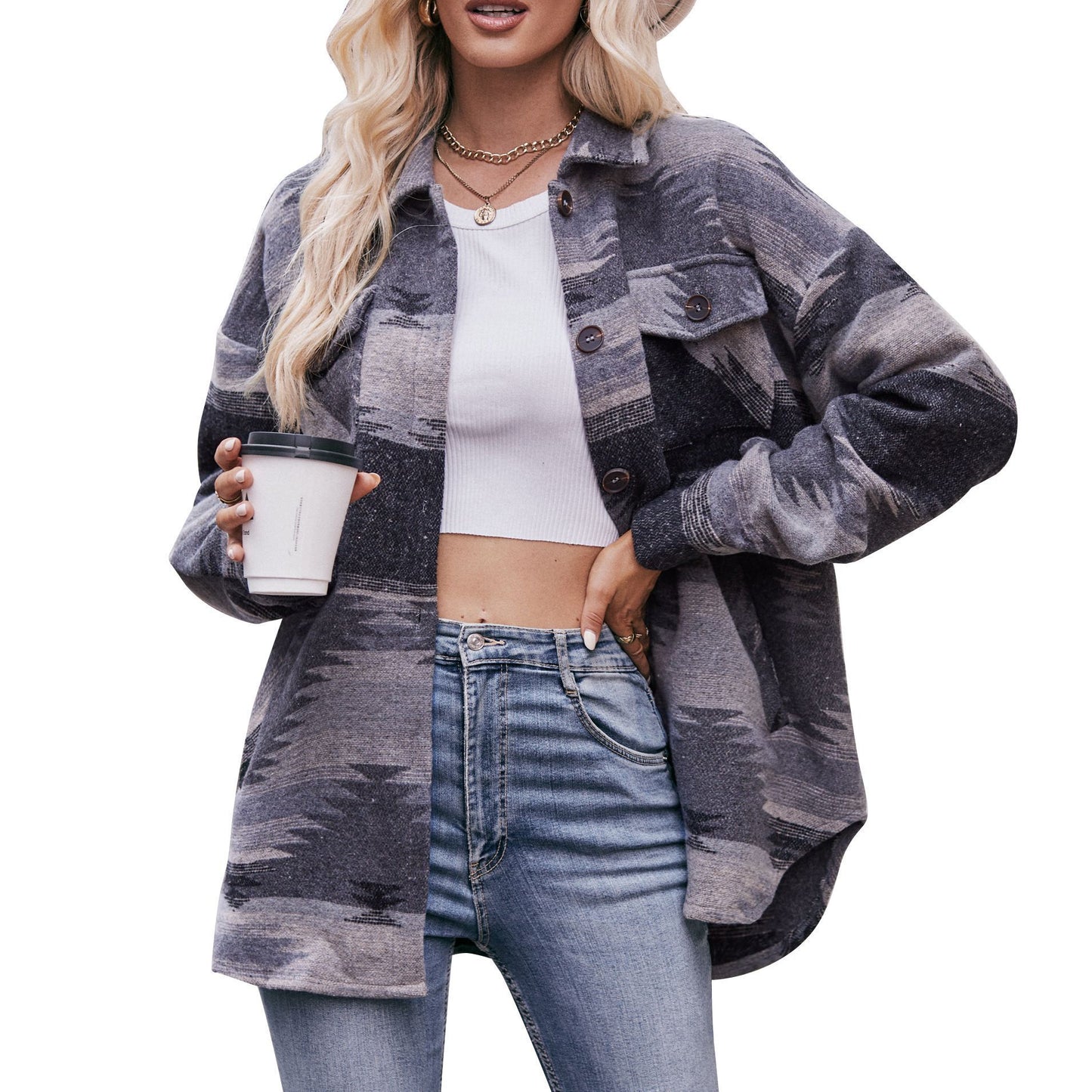 Geometric Print Jacket Shirt Winter Stand Collar Coats With Pockets Women's Outwear - Modern Versatile Flattering Practical