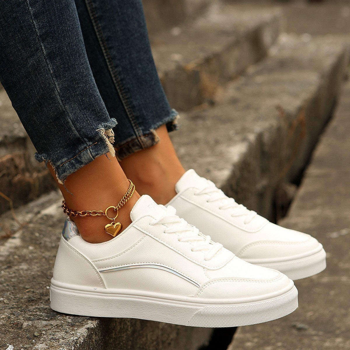 Women's White Lace-Up Thick Sole Casual Flats