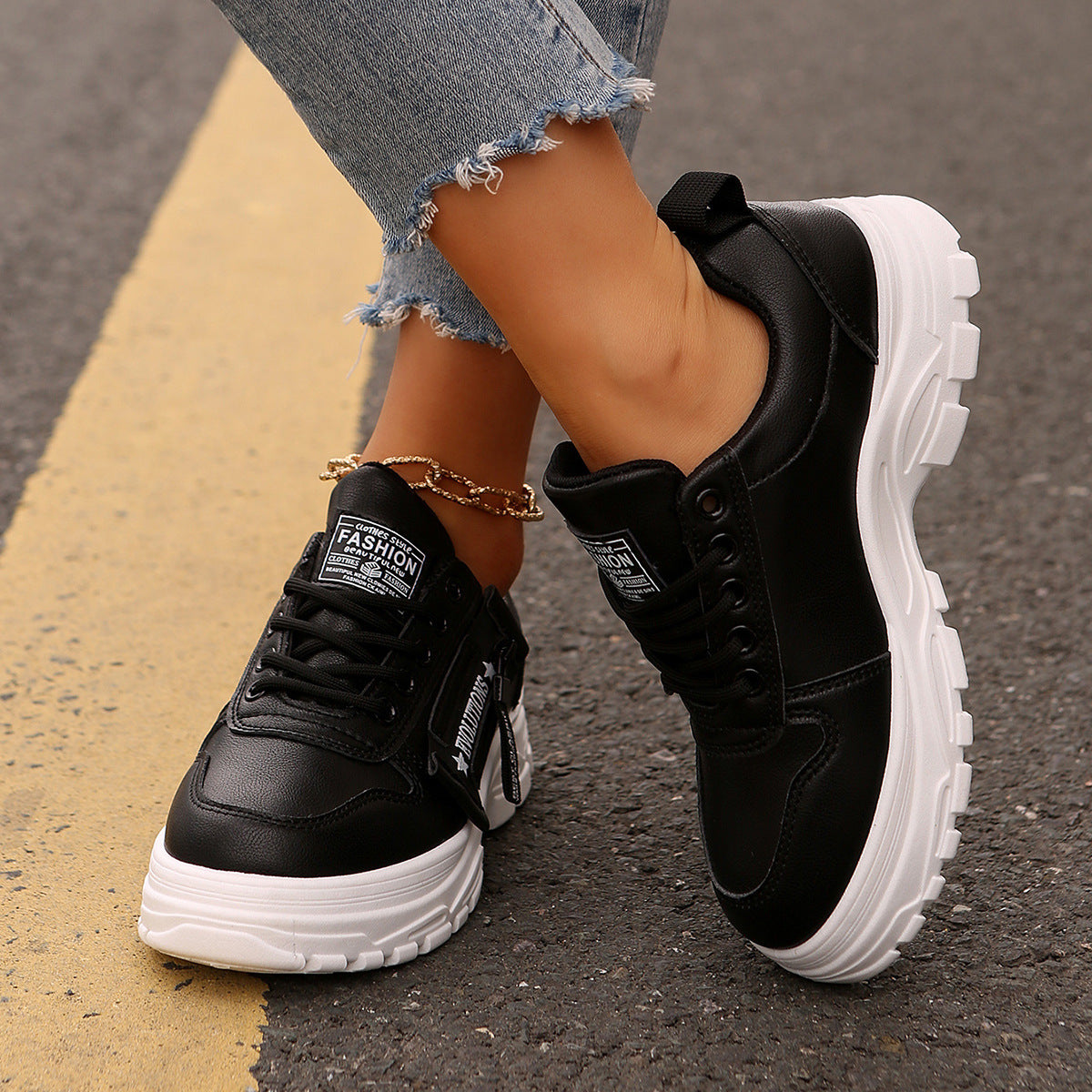 Snörskor med dragkedja i sidan Moderiktiga, tjocka, rundade casualskor för kvinnor Sneakers