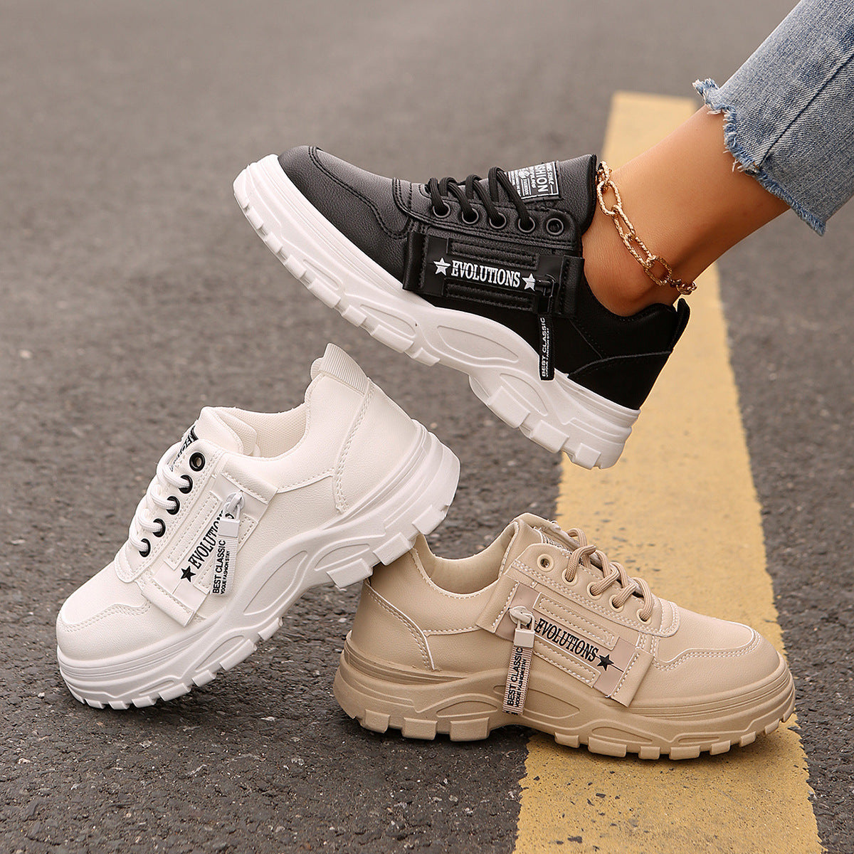 Snörskor med dragkedja i sidan Moderiktiga, tjocka, rundade casualskor för kvinnor Sneakers