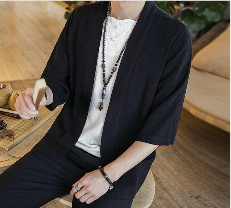 Sommaren mäns kinésiska style bomull och linne fast färg Hanfu sju punkts slem koftan skjorta hommes mode tendance merde rt