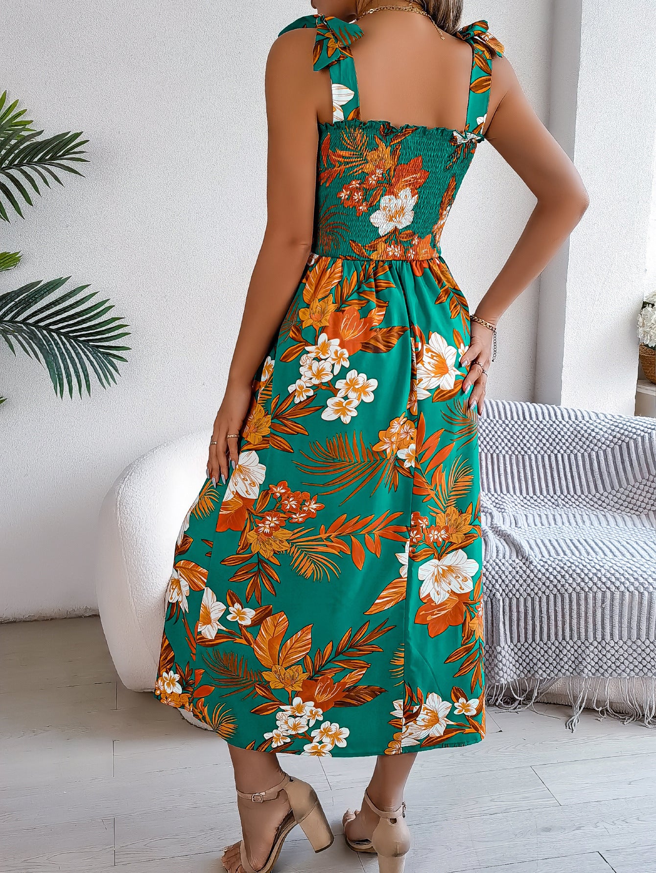 Floral Print Suspender Corset Dress - Instagram Fashion Holiday Beach Long Dress - Summer Women's Clothing - High Waist Sleeveless